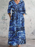 Women's V-Neck Abstract Striped Art Cotton And Linen Pocket Dress