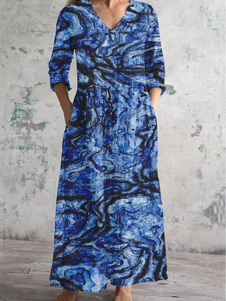 Women's V-Neck Abstract Striped Art Cotton And Linen Pocket Dress