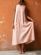 Minimalist Mock-neck Pleated Cotton-linen Midi Dress