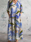 Women's V-Neck Elegant Art Floral Two Color Cotton Linen Dress