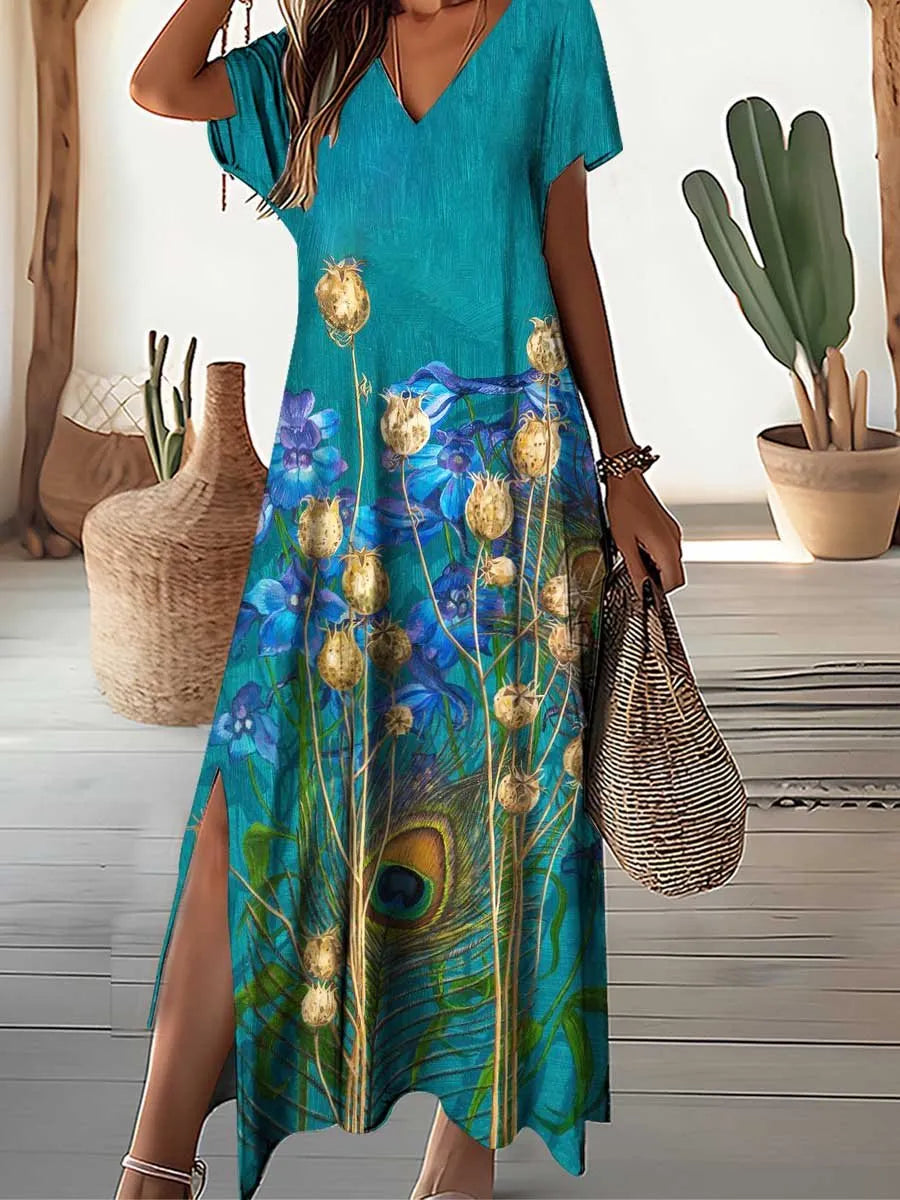 Women's V-Neck Poppy Flower Pattern Seaside Resort Style Dress