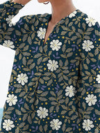 Midnight White Floral Pattern Printed Women's Casual Linen V-neck Shirt