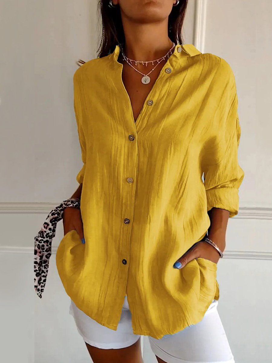 Women's Single-Row Buttons Pleated Solid Color Shirt