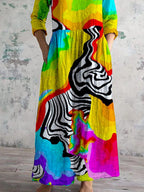 Women's Art Rainbow Zebra Stripe Print V-Neck Cotton and Linen Dress