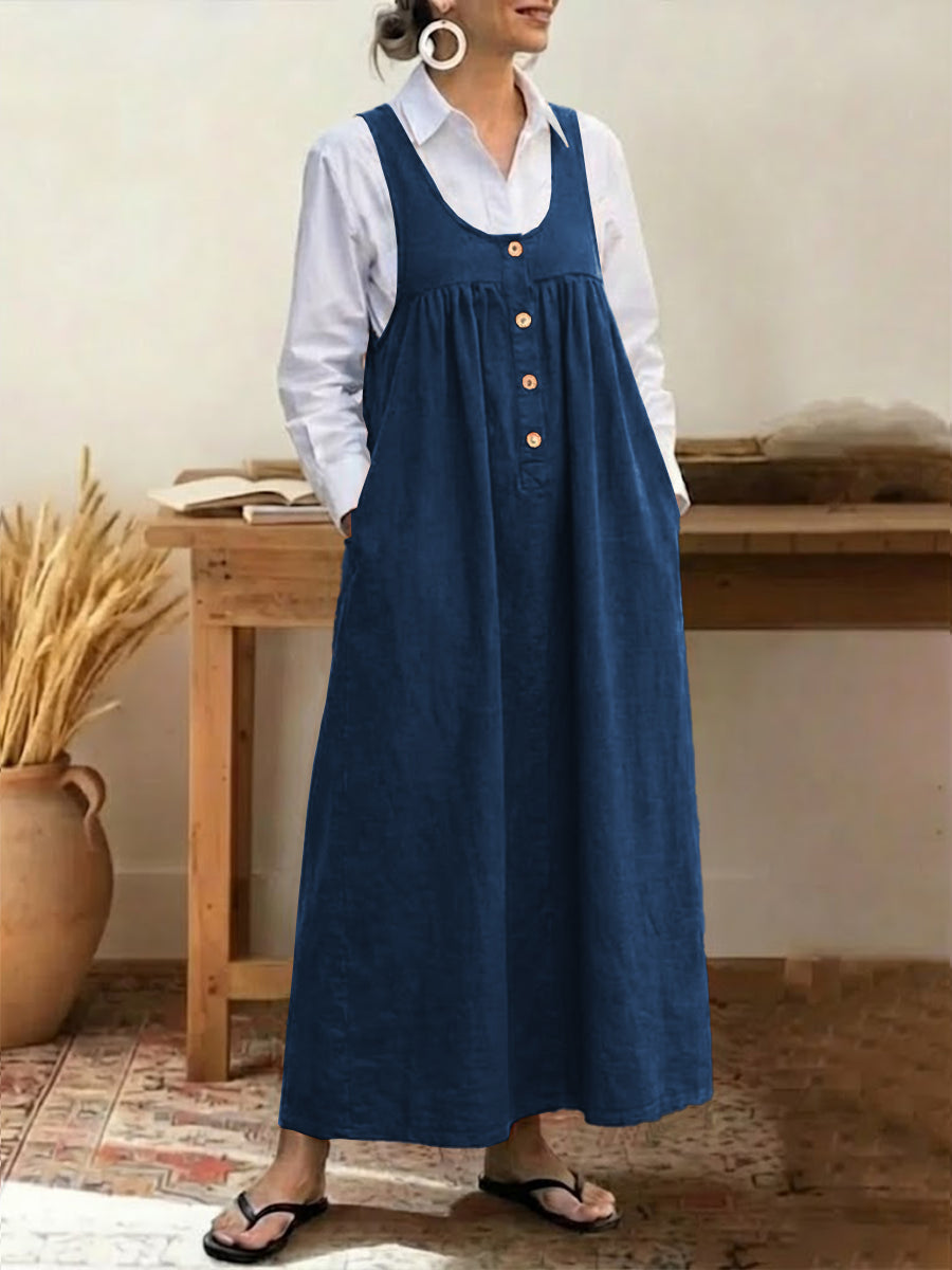 Damen einfarbig U-Ausschnitt ärmellos lässig locker Baumwolle Westenkleid
