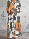 Women's V-Neck Cactus Art Print Cotton And Linen Pocket Dress