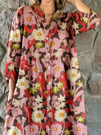 Women's Elegant Floral Print Cotton and Linen Shirt Dress