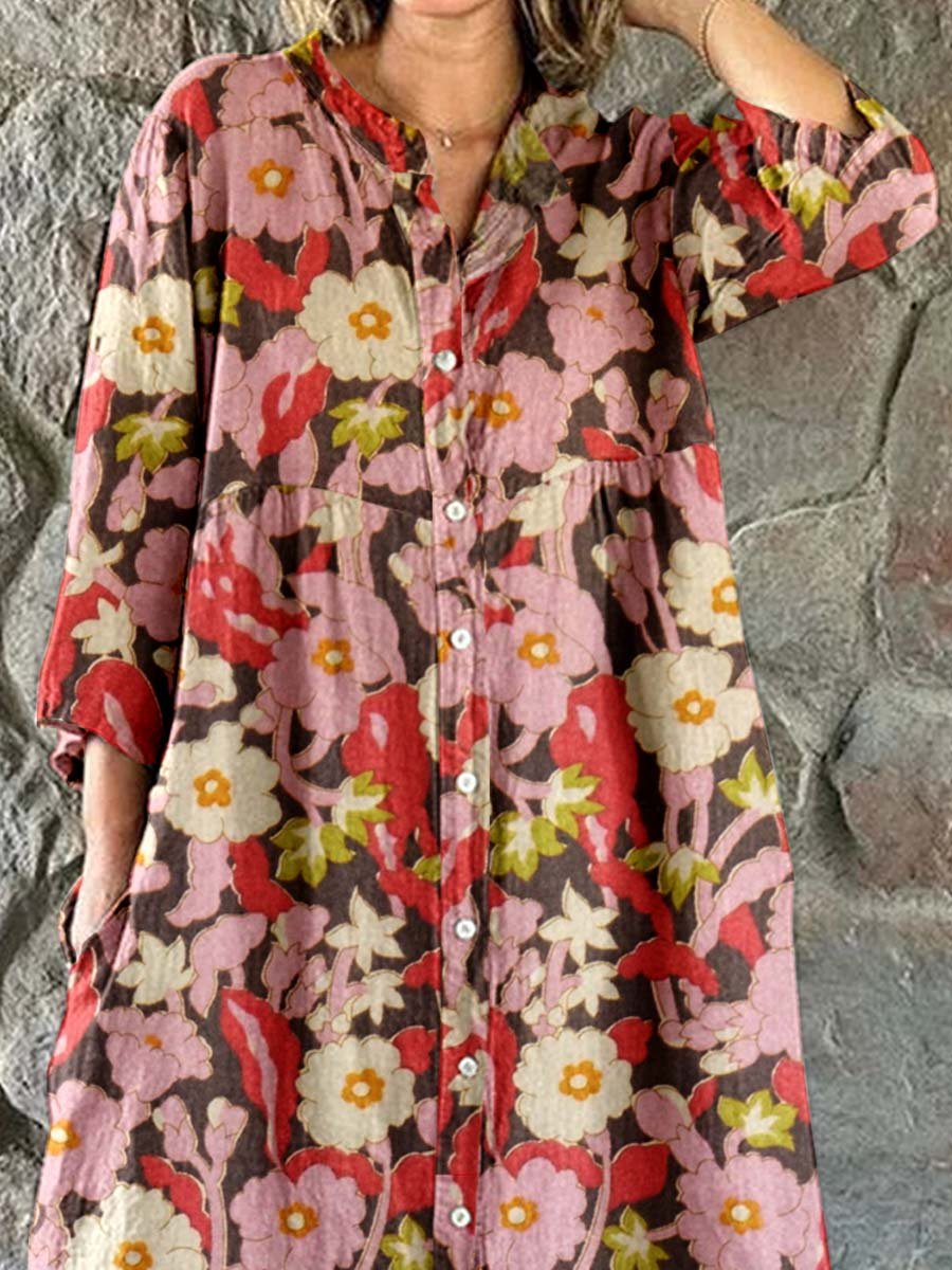 Women's Elegant Floral Print Cotton and Linen Shirt Dress