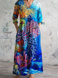 Women's V-Neck Elegant Ocean Pattern Long Sleeve Dress With Pockets