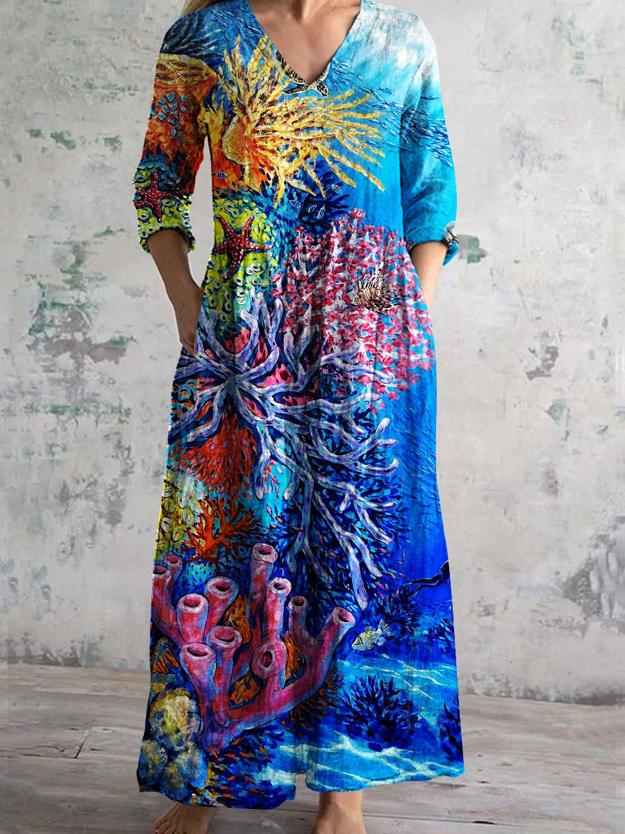 Women's V-Neck Elegant Ocean Pattern Long Sleeve Dress With Pockets
