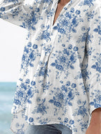 Women's Vintage Lovely Floral Art Print Casual Linen V-neck Shirt