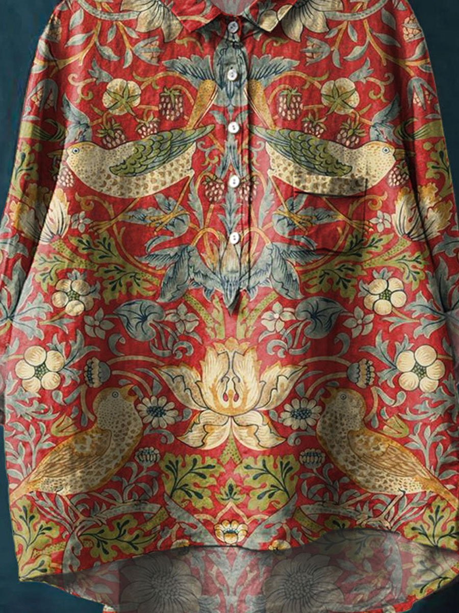 Vintage Ethnic Lovely Birds Floral Art Print Casual Cotton And Linen Shirt