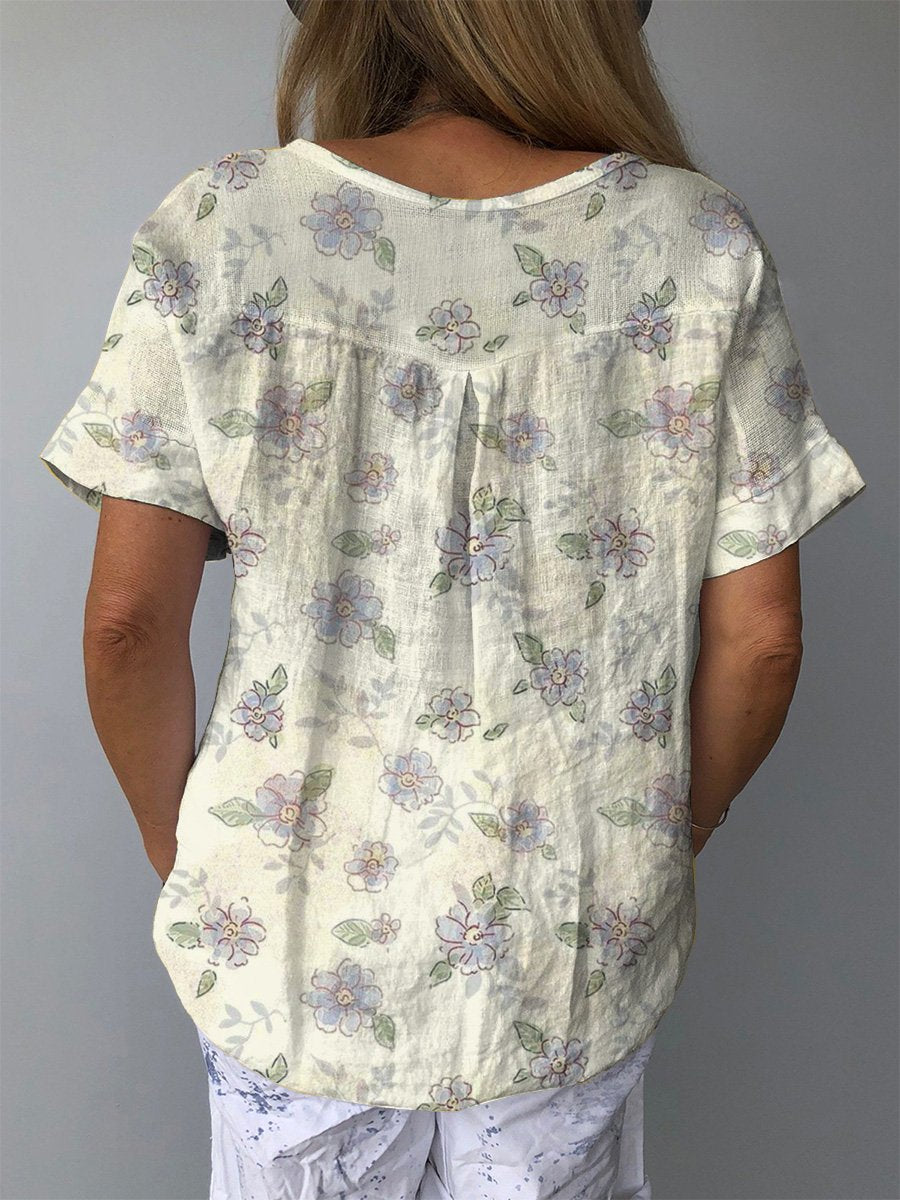 Sweet Pastel Spring Floral Pattern Printed Women's Casual Cotton And Linen Shirt