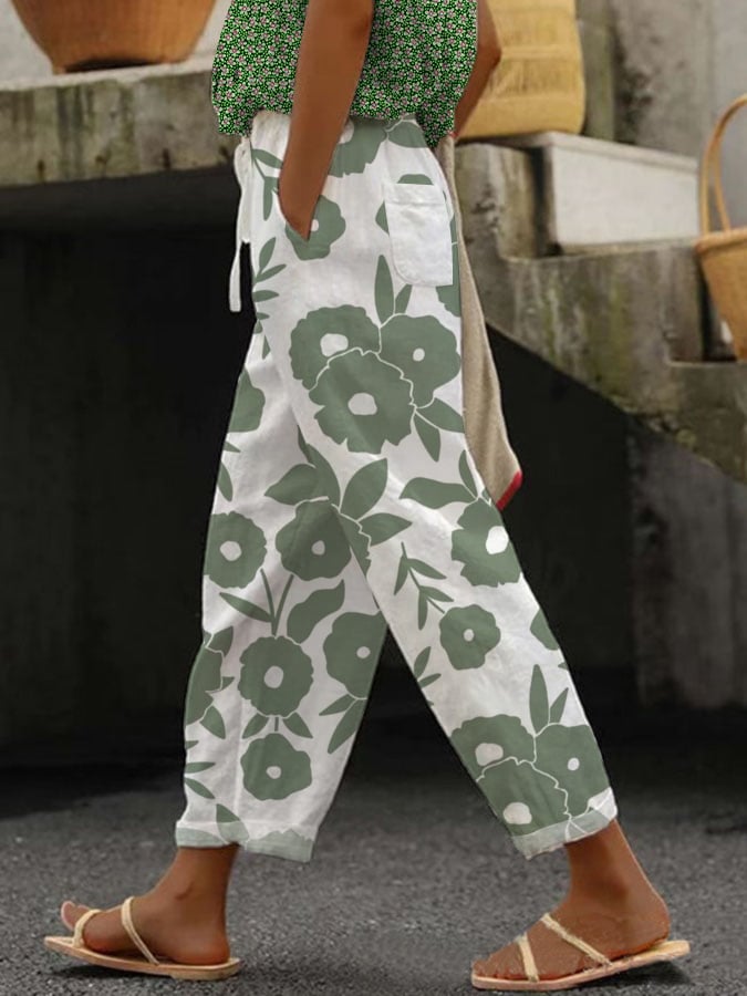 Women's Botanical Floral Design Print Lace-Up With Elastic Waist Loose Casual Pants