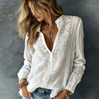 Women's Romantic White Rose Art Linen Blend Long Sleeve Tops