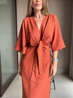 Casual V-neck cotton and linen lace-up dress