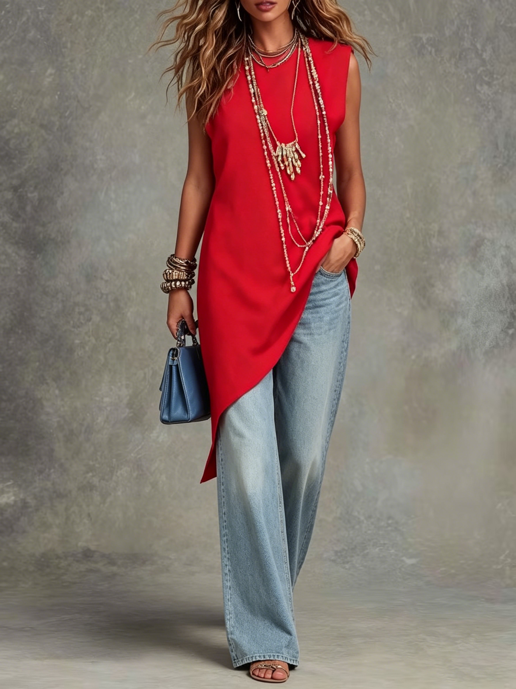 Women's Sleeveless Red Belted Top Jeans Set