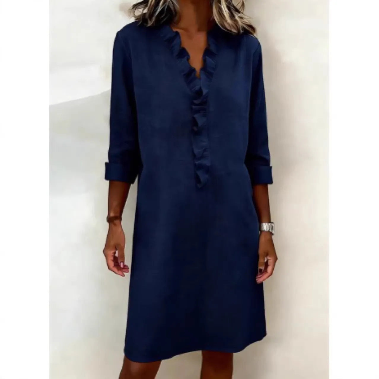 Ruffled V-Neck Solid Color Dress