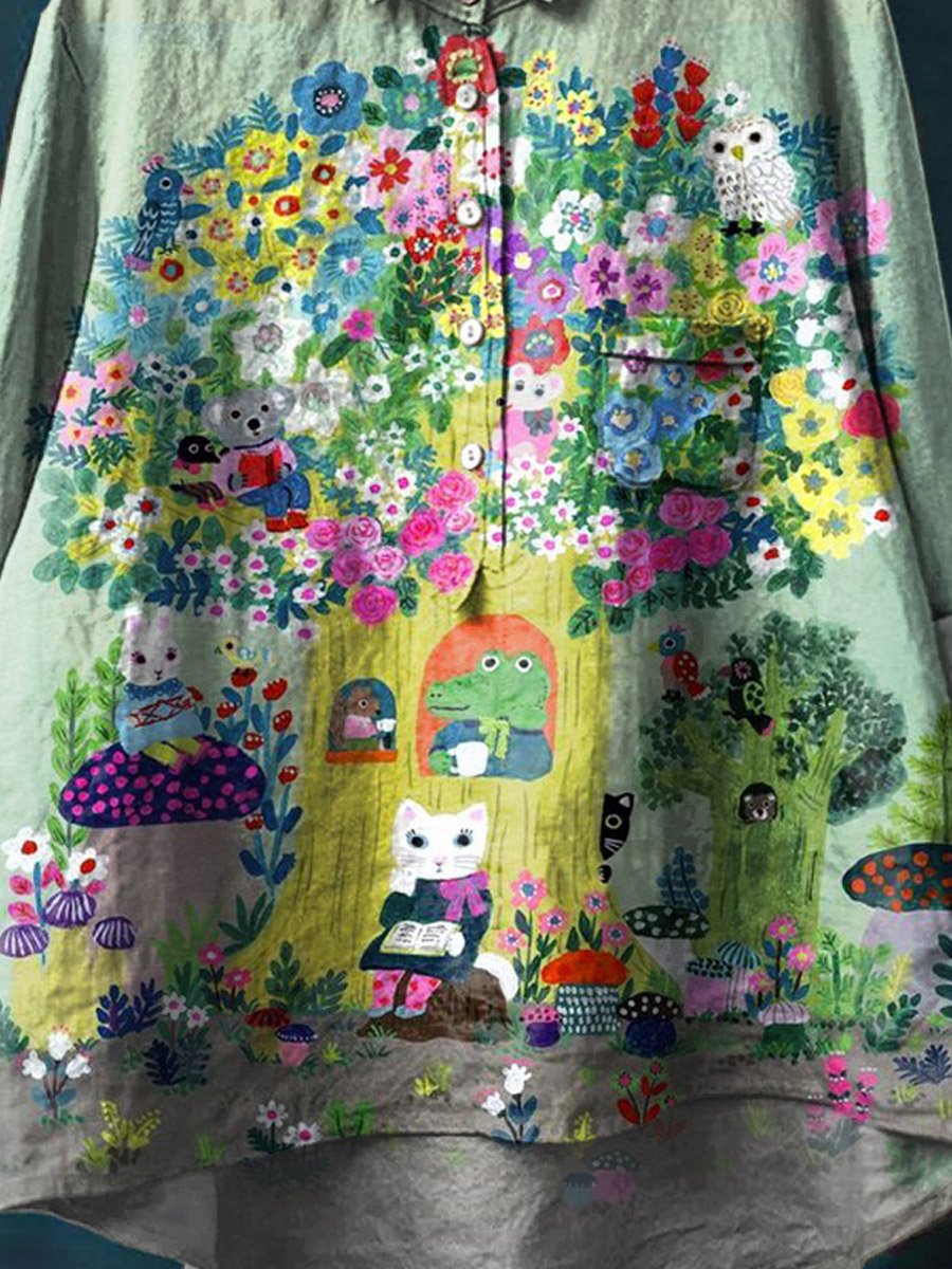 Vintage Lovely Animals Floral Art Print Casual Cotton And Linen Shirt
