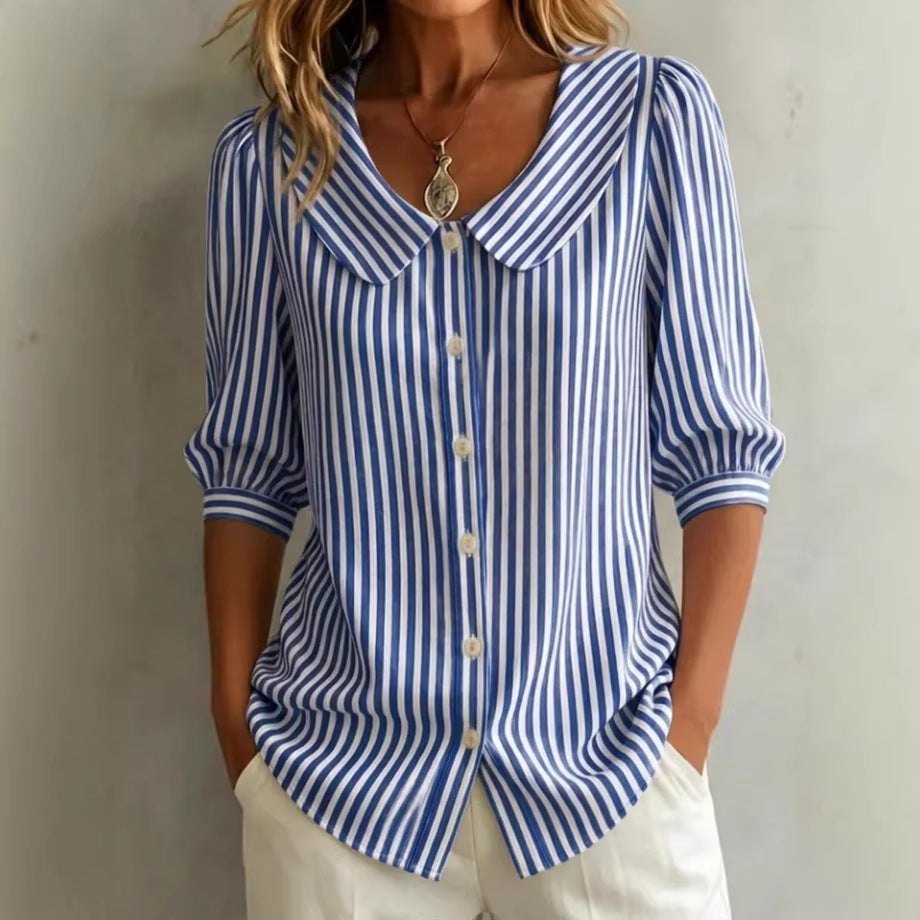 Retro Peter Pan Collar Striped Cotton-linen Shirt