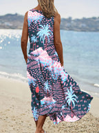 Women's Vintage Island Coconut Pattern Round Neck Dress