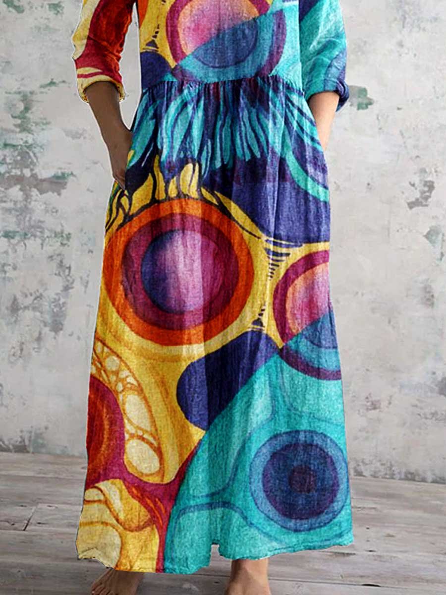 Women's Art Geometric Floral V Neck Cotton and Linen Dress with Pockets