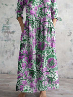 Women's V-neck  Abstract Art Floral Pattern Collar Cotton Dress With Pockets