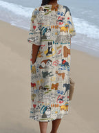 Women's Cute Dog Print V Neck Vintage Linen Loose Dress