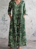 Women's V Neck Angel Floral Pattern Cotton and Linen Dress with Pockets