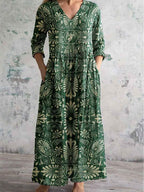 Women's V Neck Angel Floral Pattern Cotton and Linen Dress with Pockets