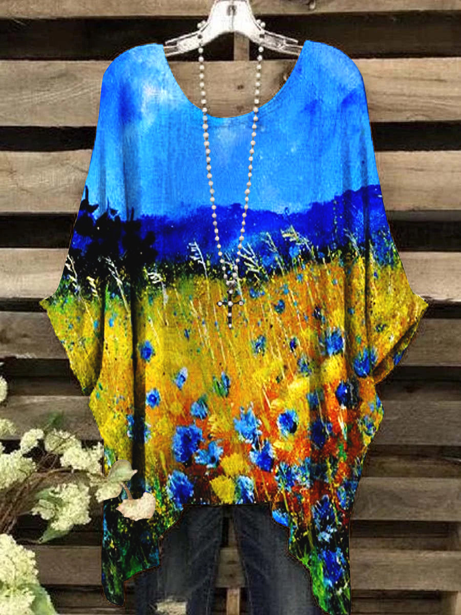 Women's Vintage Art Wheat Field Graphic Crew Neck Top