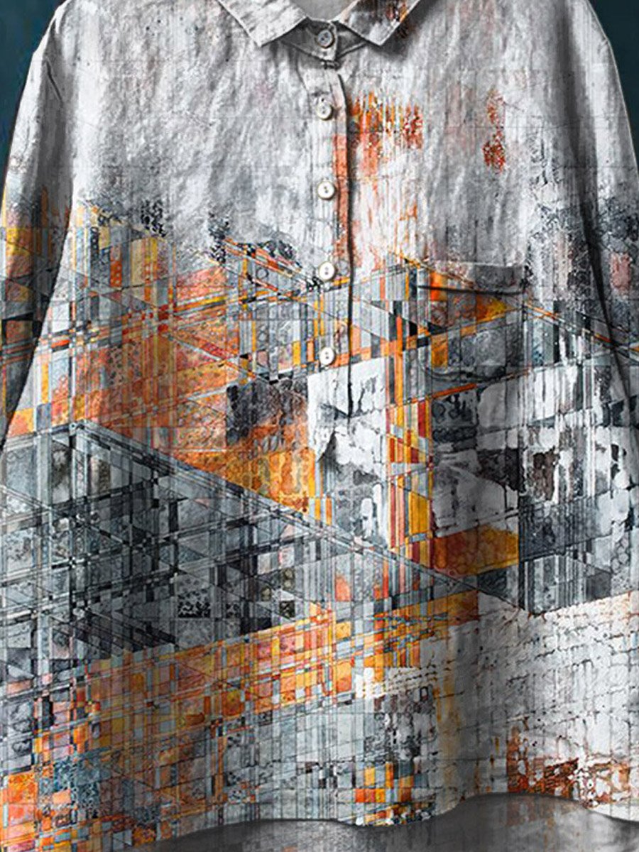 Vintage Abstract Painting Art Print Casual Cotton And Linen Shirt