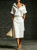 Women's Solid-color Casual Lapel Short-sleeve Shirt And Skirt Set