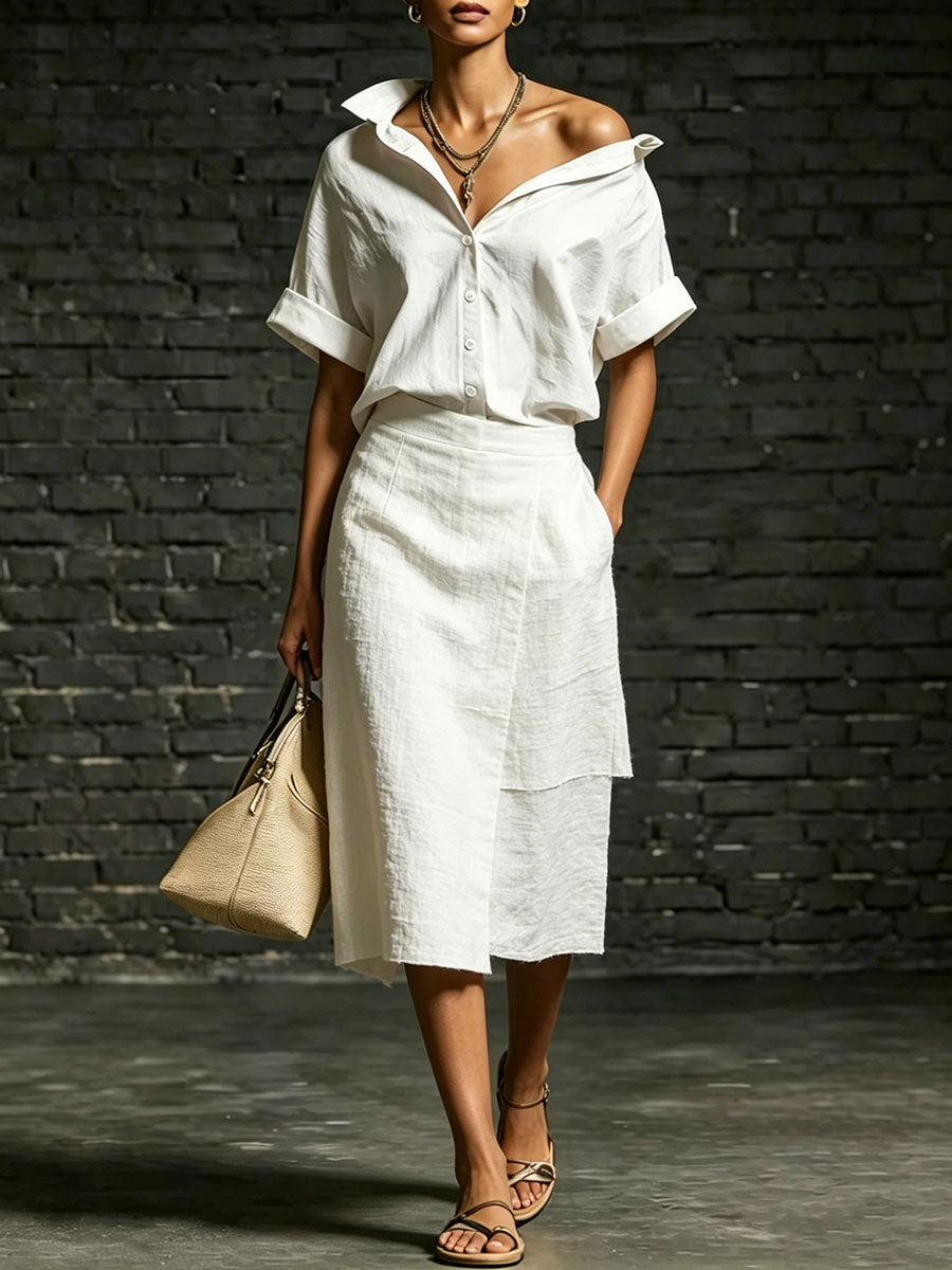 Women's Solid-color Casual Lapel Short-sleeve Shirt And Skirt Set