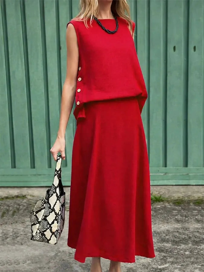 Women'S Casual Solid Color Sleeveless Top And Split Skirt Two-Piece Set