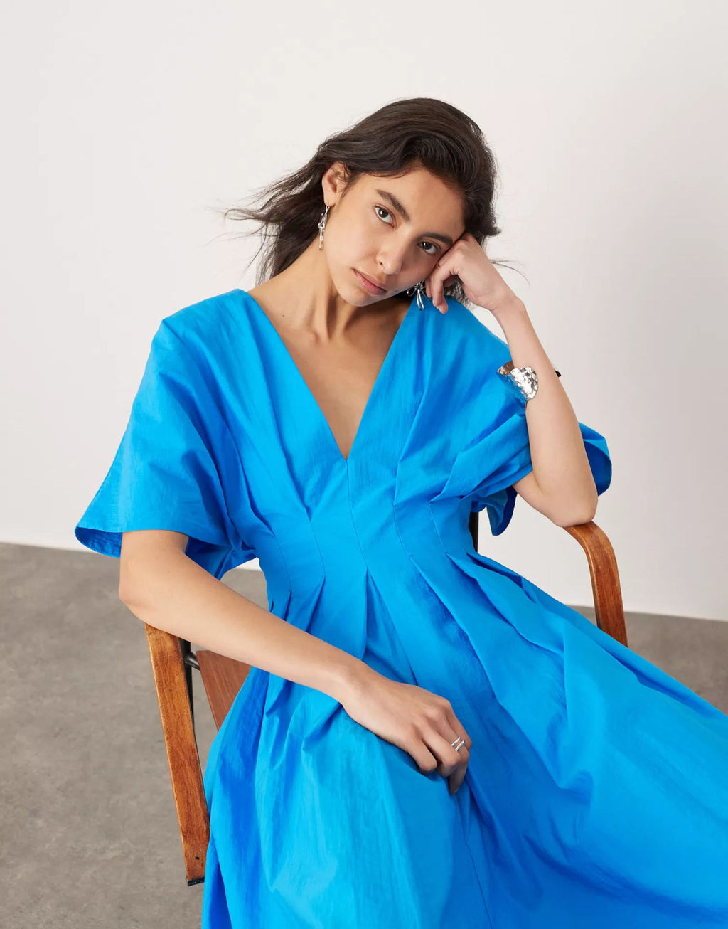 Antibes Linen Blend Princess Line Pleated Wide Puff Sleeve Midi Dress
