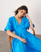 Antibes Linen Blend Princess Line Pleated Wide Puff Sleeve Midi Dress