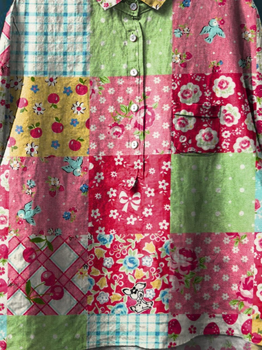 Vintage Lovely Floral Art Print Casual Cotton And Linen Shirt