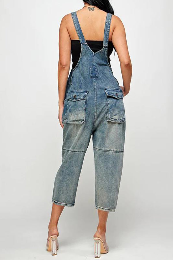Fashion Casual Designer Style Denim Suspender Jumpsuit