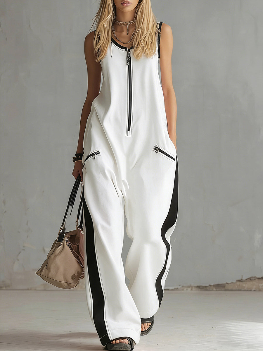 Damen ärmelloser, lässiger Jumpsuit aus Baumwolle mit Rundhalsausschnitt und weitem Bein