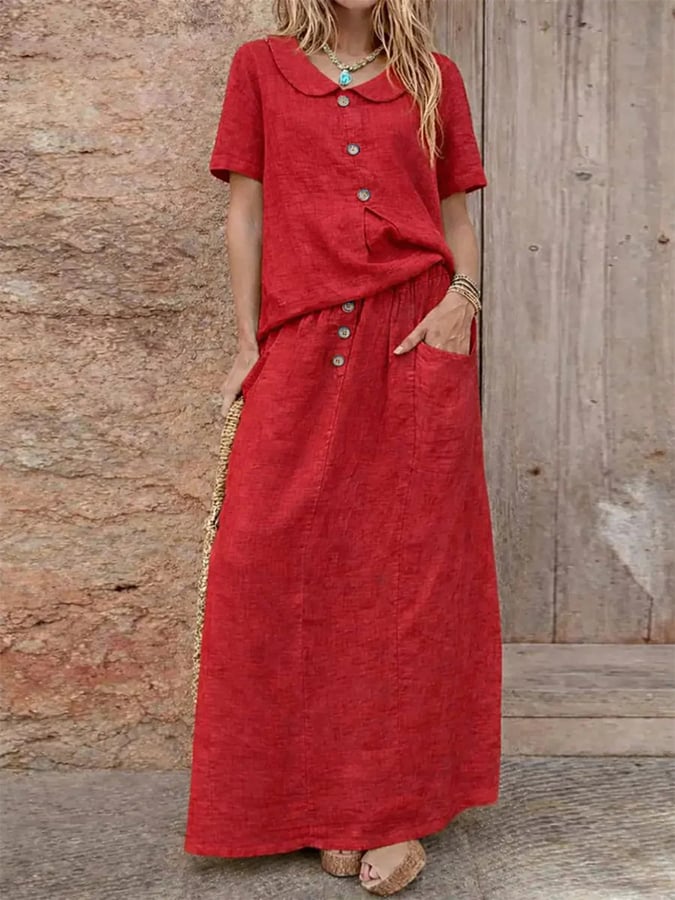 Women'S Casual Solid Color Cotton And Linen Loose Dress Two-Piece Set