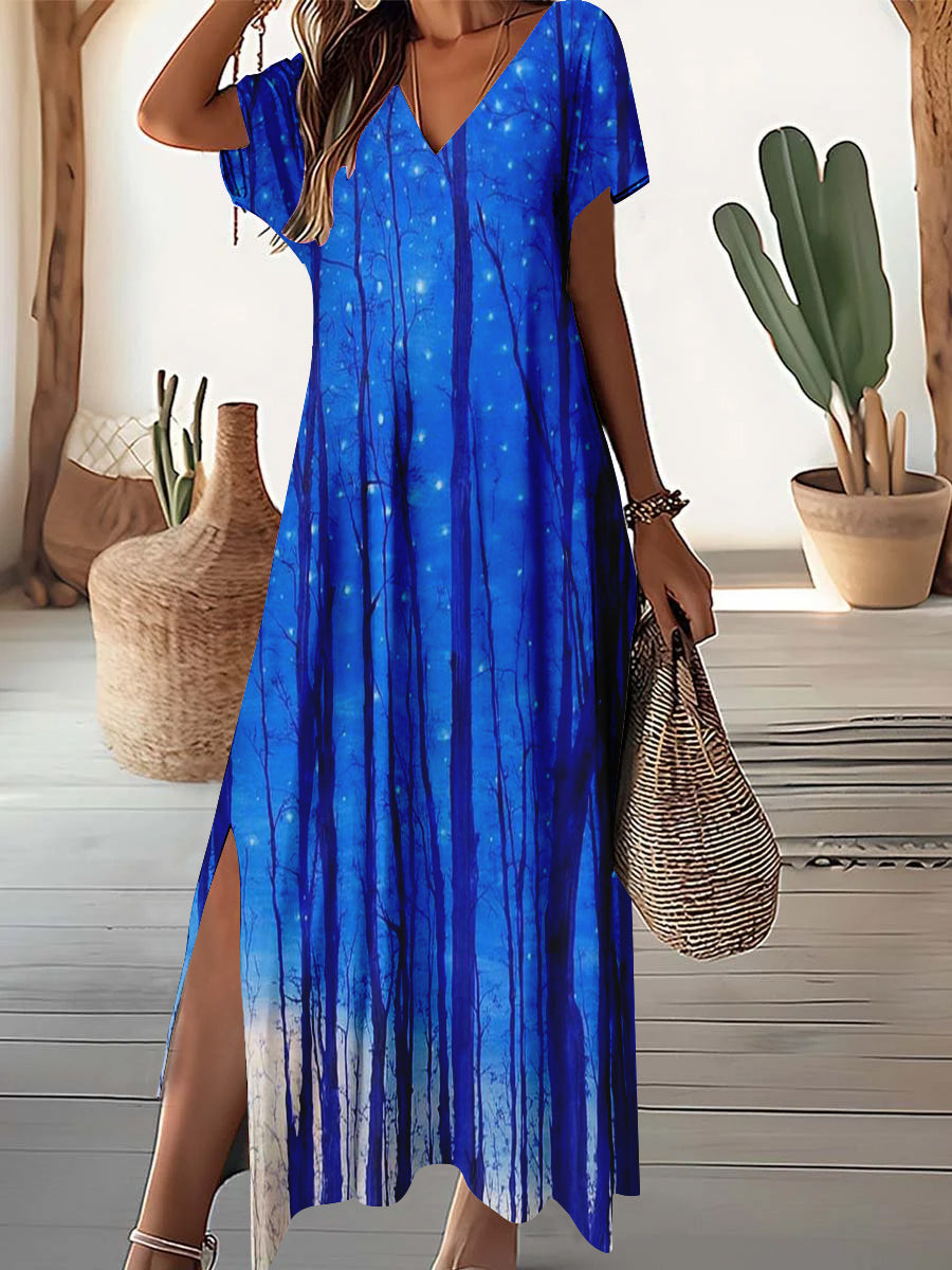 Women's V-neck starry forest art print dress