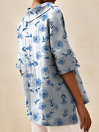 Women's Vintage Lovely Floral Art Print Casual Linen V-neck Shirt