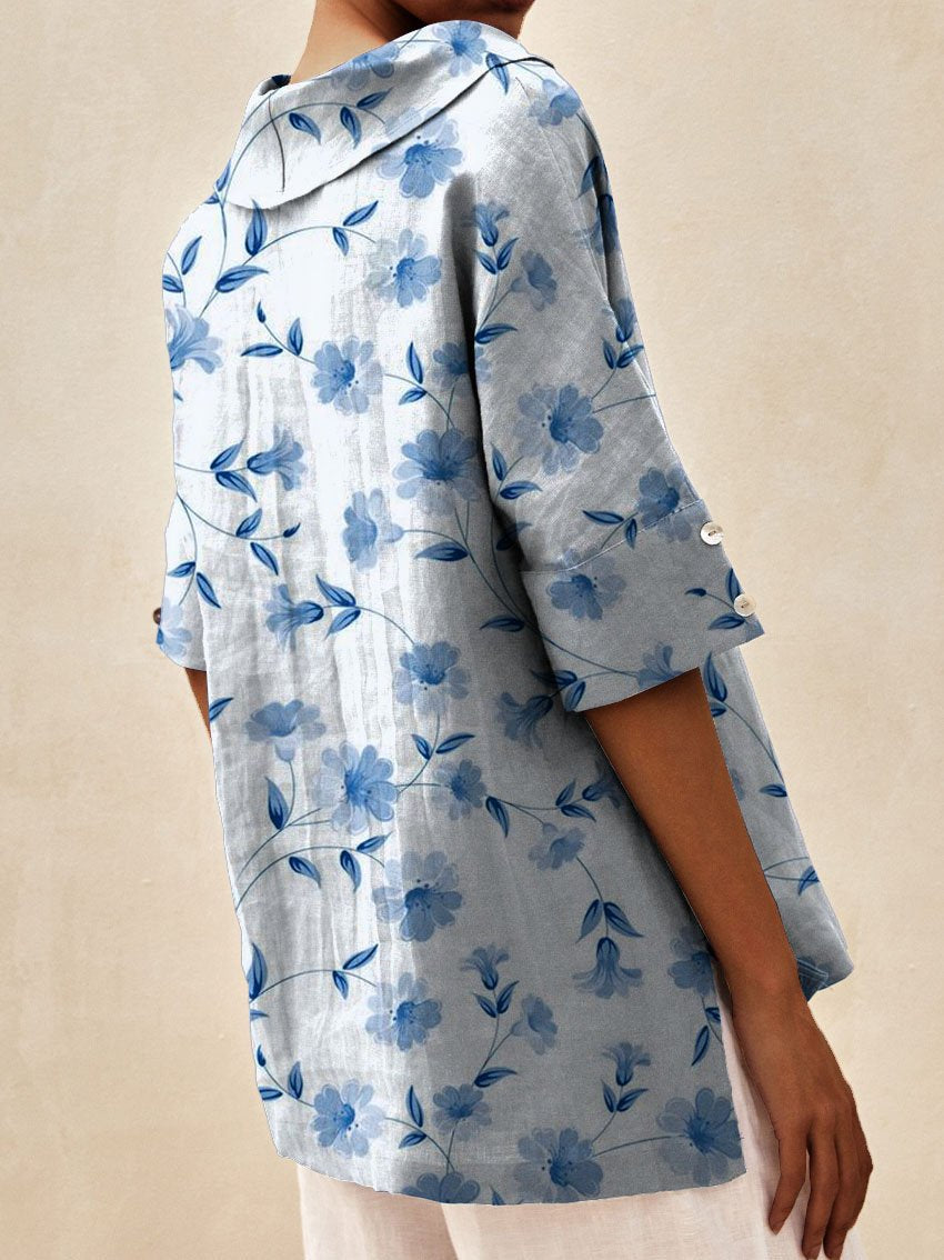 Women's Vintage Lovely Floral Art Print Casual Linen V-neck Shirt