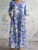 Women's V-neck Floral Print Cotton Dress
