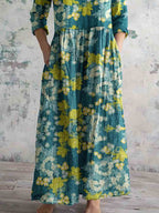 Women's Simple Elegant V Neck Floral Pattern Cotton Fabric Dress with Pockets