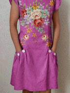 Women's Classic Floral Pattern Cotton and Linen Dress