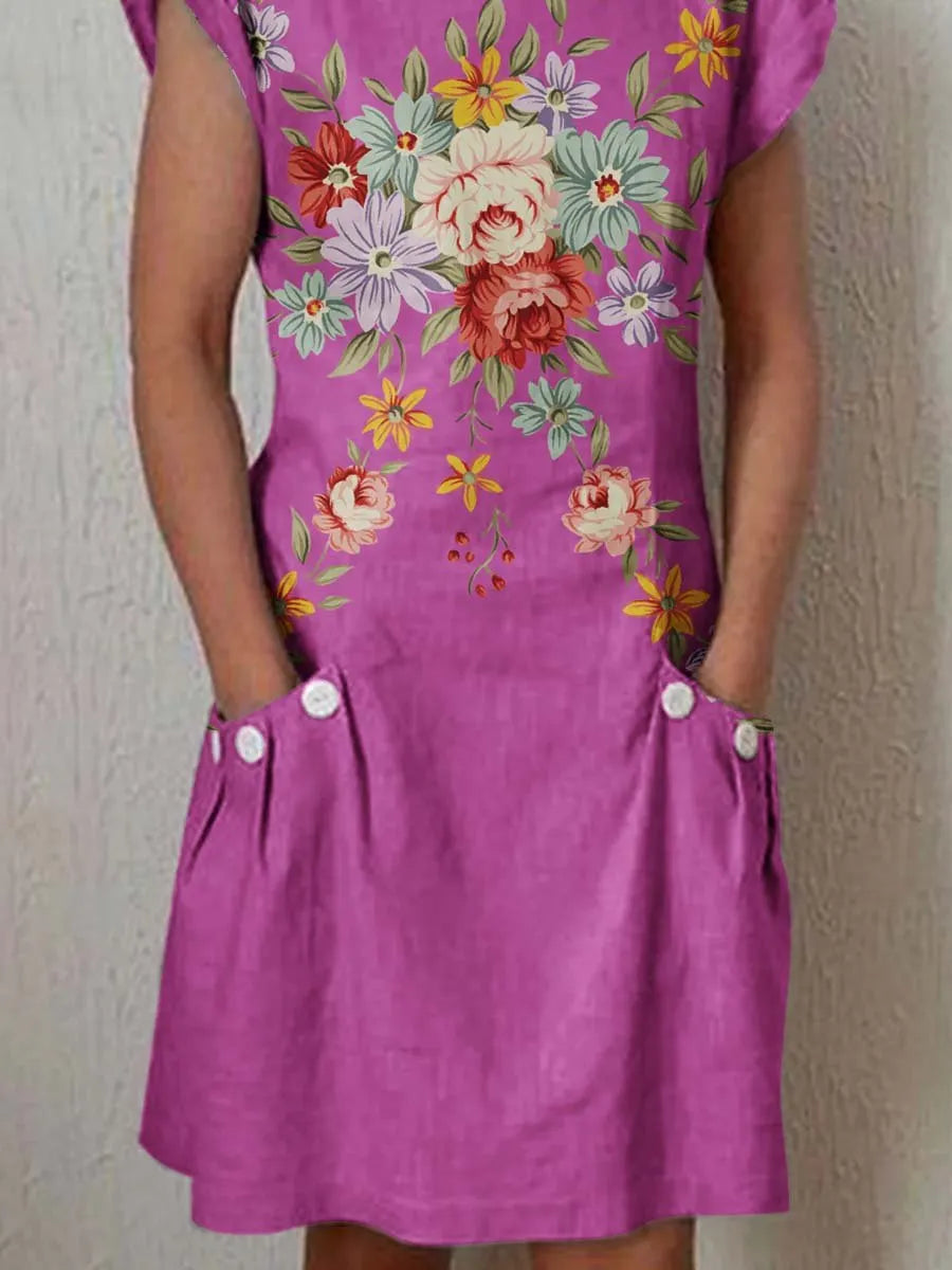 Women's Classic Floral Pattern Cotton and Linen Dress