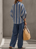 Casual Striped Linen-cotton Top And Solid-color Trousers Two-piece Set