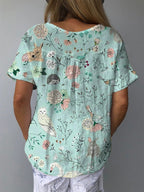 Lovely Spring Woodland Pattern Printed Women's Casual Cotton And Linen Shirt